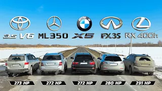 Infiniti FX35 vs BMW X5 vs Lexus RX 400h vs Mercedes ML350 vs Toyota Highlander 3.5 - DRAG RACE