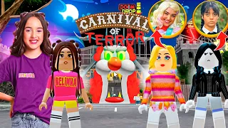 BELINHA ENTRA NO PARQUE DO IT A COISA COM WANDINHA ADDAMS E ENID NO ROBLOX - ESCAPE THE CARNIVAL