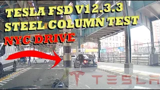 Tesla FSD V12.3.3 Steel Column Obstruction Test - NYC