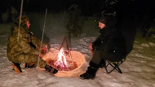 Зимний кемпинг. Палатка с печкой. #кемпинг