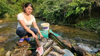 Trapping fish overnight on a fast-flowing stream, a girl's life.