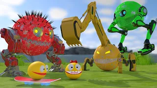 Pacman and Flying Two-Legged Robot Pacman vs Excavator Robot and Walking Combat Robot