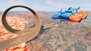 Big & Small Lightning McQueen Boy, King Dinoco vs Tow Mater,Pixar Car vs Loop Bridge😱- BeamNG.Drive