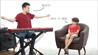 Jacob Collier explains harmony but stops because Bodhi doesn't know Amazing Grace