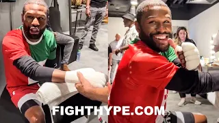 FLOYD MAYWEATHER GLOVES UP MOMENTS BEFORE RING RETURN; BEHIND-THE-SCENES IN ABU DHABI VS. MOORE