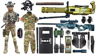 Special police weapon toy set unboxing, gold Gatling machine gun, AWM sniper rifle, bomb dagger