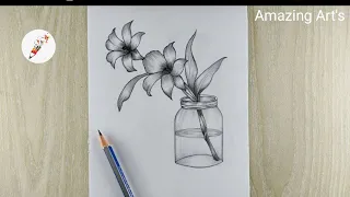 How to draw beautiful orchid flowers in a jar|step by step pencil sketch drawing