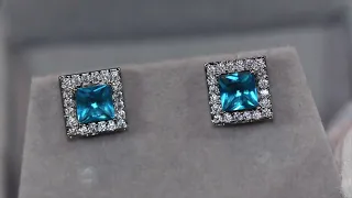 Iced blue diamond ear studs, Blue diamond ear studs, Princess cut blue diamond earrings