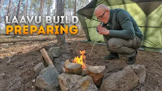 Bushcraft Laavu shelter build, good campfire, hand tool only, Preparing