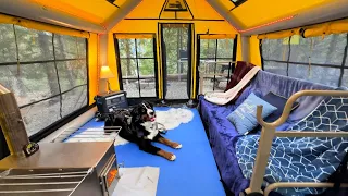 Family Camping In A Cozy Inflatable Tent With Our Dog