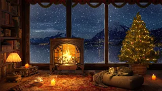 ❄️ Sleeping Cat Fireside Relaxation 🔥 Winter Jazz, Crackling Fire & Gentle Blizzard Sounds ❄️