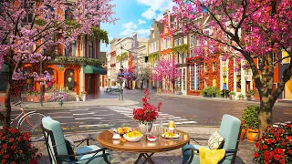 Springtime Street & Calm Spring Jazz Music at Outdoor Coffee Shop Ambience for Relax, Good Mood [4K]