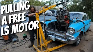 FREE LS MOTOR!  1957 Chevy Falls Off Jack Stands During Motor Pull - Not Good