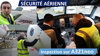 Inspection d'un Airbus A321neo par les experts de la DGAC : contrôle moteurs, visite des soutes...