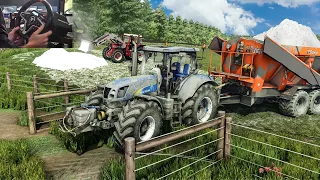 Spreading lime using New Holland T6080 | FS 22 Thrustmaster T248 gameplay