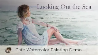 Painting female figure in a sunset sea