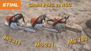 Comparison of STIHL MS 180 vs MS 231 vs MS 311 chain saws on RSC vs PMC chain