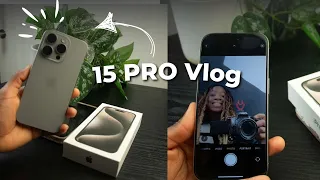   iPhone 15 Pro unboxing vLog (Natural Titanium) | set-up + accessories  + camera test | ASMR