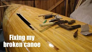 Canoe Hull Repair.  Fixing a Hole in my Cedar Strip Canoe.  Fibreglass/Fiberglass and Epoxy.