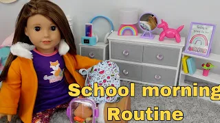 American girl doll School Morning Routine in new doll Bedroom Breakfast, Packing backpack and Lunch