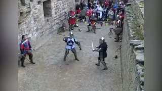 A fierce battle of knights in an ancient castle! Two swords vs shield and sword! Funny knockout!