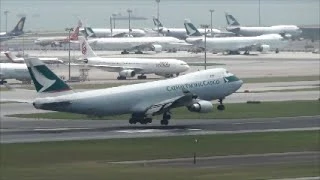 Hong Kong Airport Plane Spotting. Takeoffs and Landings with Full Airport View