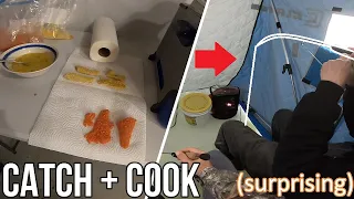 Ice Fishing Walleye Catch & Cook (Corn Flake Vs. Hot Cheetos)