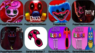 Poppy Playtime Mobile, Poppy 2 Mobile, Poppy 3 Steam, Poppy 4 Mobi, Garten Of Banban 7+8 Mobi ,Steam