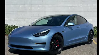 Matte Metallic Frosty Blue Tesla Model 3 Rear windows 20% and satin black Rims and Red Calipers KKI