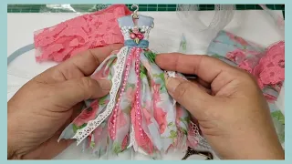 Christmas Ornament or Decor Art Dress KIT Tutorial. Coral Rose Pink Blue Shabby chic fabric Crafts