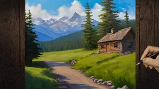 🌲 Landscape Oil Painting | 🏠Cabin in the Woods | 🏔️Mountains and Pine Trees 🌲