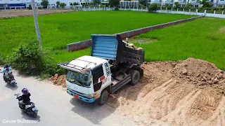 New project!! Busy team show Land Filling Up Dozer Komatsu D20P With dump trucks 5ton