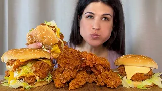 FRIED CHICKEN & CHEESE STUFFED MUSHROOM BURGER, CHICKEN TENDERS | MUKBANG | ASMR | EATING SOUNDS