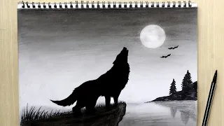 Howling Wolf Drawing Black and white | How to Draw Wolf Howling at the Moon Drawing Night Scenery