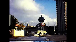 Vintage driving around Seattle in 1969/1970 Space Needle and old signs