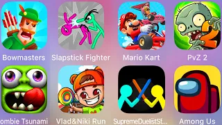 Bowmasters,Vlad & Niki Run,Zombie Tsunami,Slapstick Fighter,Mario Kart,PvZ2,Among Us,Supreme Duelist