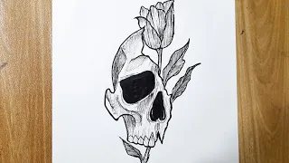 How to draw a skull with flower || Skull drawing || Tattoo drawing tutorial