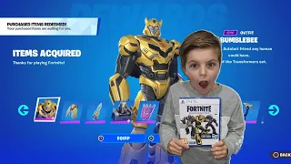 Surprising My 10 Year Old Kid Giving Him NEW Fortnite TRANSFORMERS Skin Pack With Free V-Bucks 1000