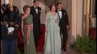 The Reagan's greet Queen Beatrix of the Netherlands on April 19, 1982