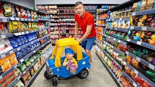 Alex and Dad try to find ingredients for pasta in supermarket