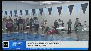 Mayor Michelle Wu jumps in pool to promote swimming lessons in Boston
