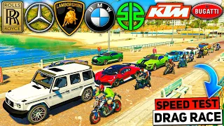 GTA 5: WORLD FAMOUS SPORTS CARS Vs SUPER FAST BIKE 🔥 FULL HIGHWAY DRAG RACE + SPEED TEST | GTA 5 MOD