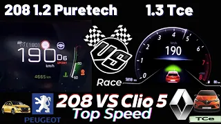 Top Speed 190KmH Peugeot 208 1.2 Puretech 130 Hp VS Renault Clio 5 1.3 TCe 130 Hp 0-190 acceleration