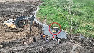 Amazing Technique Skills Bulldozer Secure Sinking In Deep Water Recovery By Crane Truck P&H 90T