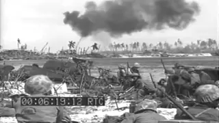 Marines Land On Beach Amid Bombardment, Kwajalein Atoll, Roi Island, 02/01/1944 (full)