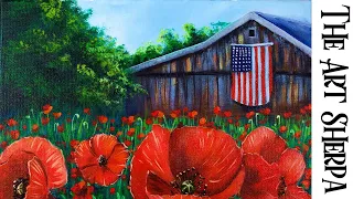 RED POPPY FIELD OLD BARN Начинающие Учимся рисовать акрилом Урок шаг за шагом