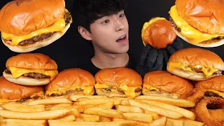 ASMR MUKBANG CHEESE BURGER & FRENCH FRIES &  ONION RINGS WITH CHEESE SAUCE🍔🍟 EATING SOUNDS