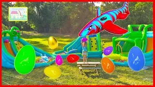 Huge Surprise Eggs Hunt on 3 Giant Inflatable Water Slides! Hailey Finds Golden Egg