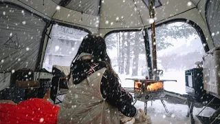 Camping alone in a snowy forest with transparent window tent / Cozy setup / Snow sound ASMR