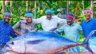 200 POUND BIG TUNA FISH // tuna fish cutting and cooking in village // tuna fish steak recipe